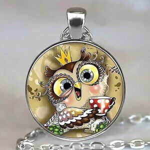 Silver OWL Glass Cabochon Pendant Necklace